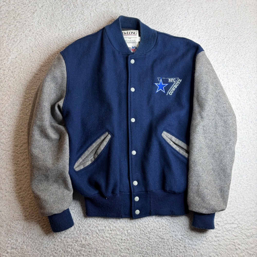 Vintage 80s DeLONG Team NFL Dallas Cowboys Varsity Jacket Navy Gray Wool Large